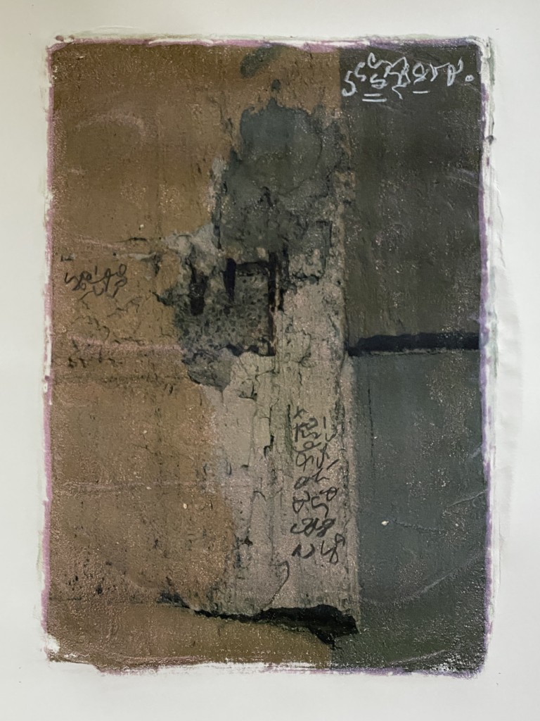 Photographic monoprint with asemic writing by Clare Dygert